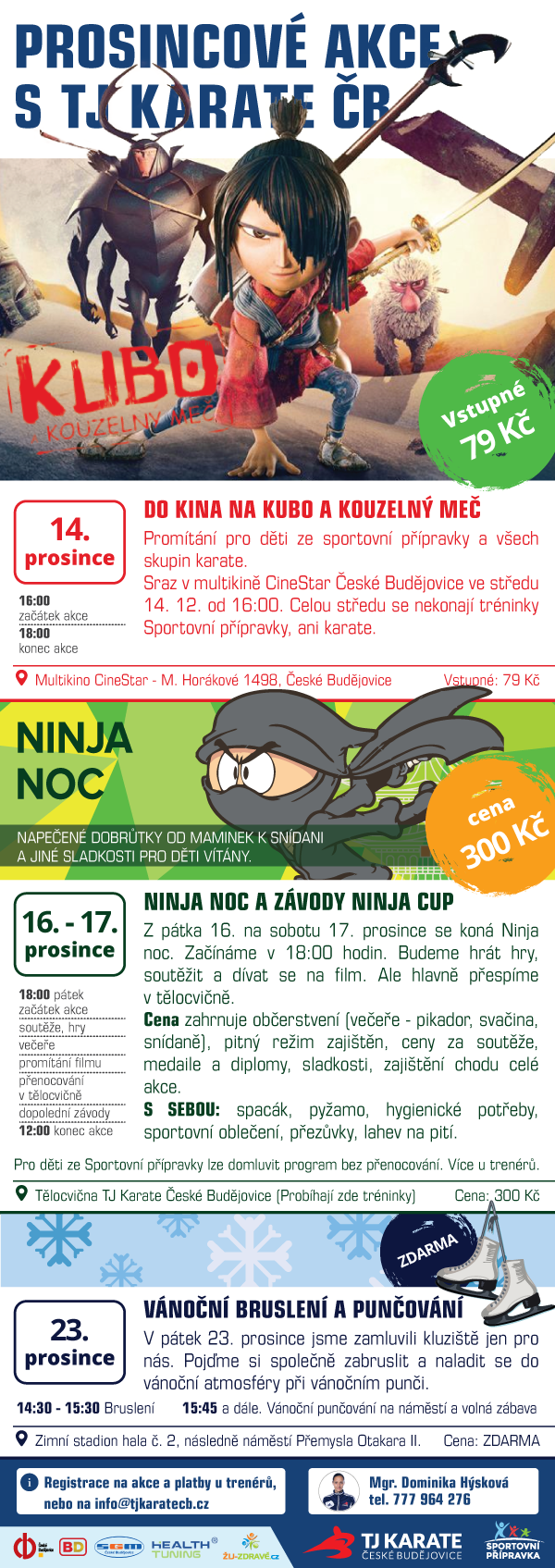 Prosincové akce s TJ Karate ČB - 14. 12. Do kina na Kubo a kouzelný meč | 16. - 17. Ninja noc | 23. Vánoční bruslení a punčování